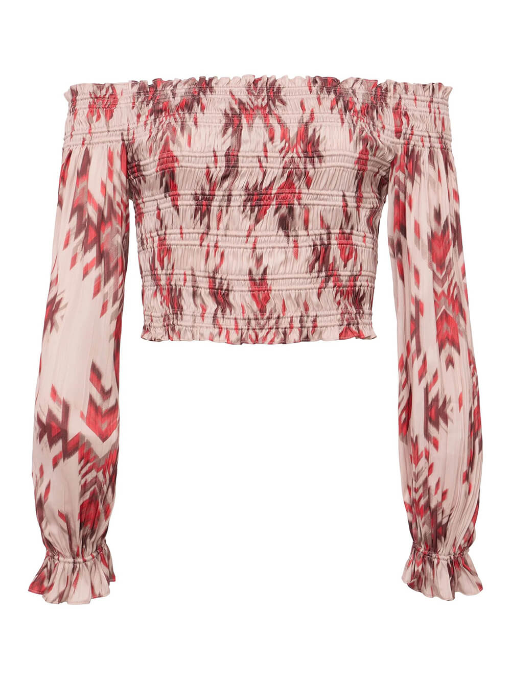 Retro Printed Ruched Stretch Off-Shoulder Top