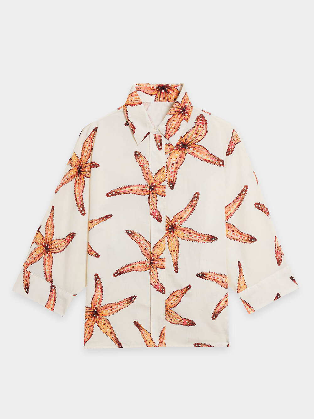Unique Starfish Print Loose Plus-Size Button-Up Shirt