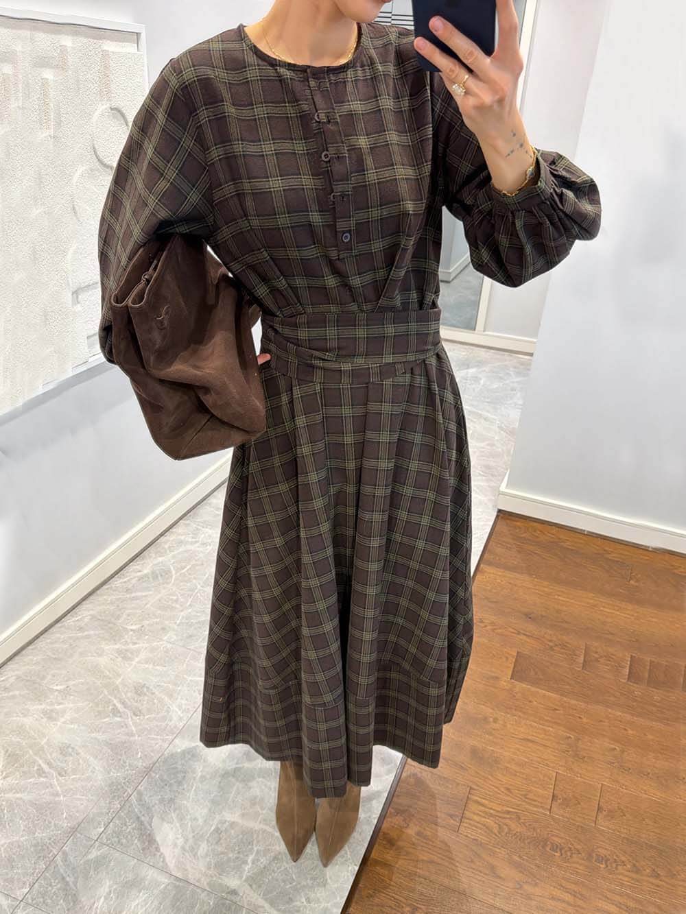 Retro Plaid Print Belted Midi Dress