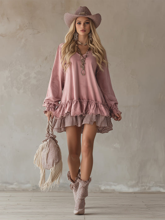 Retro Sporty Style Checkered Trim Powder Pink Sweatshirt Mini Dress