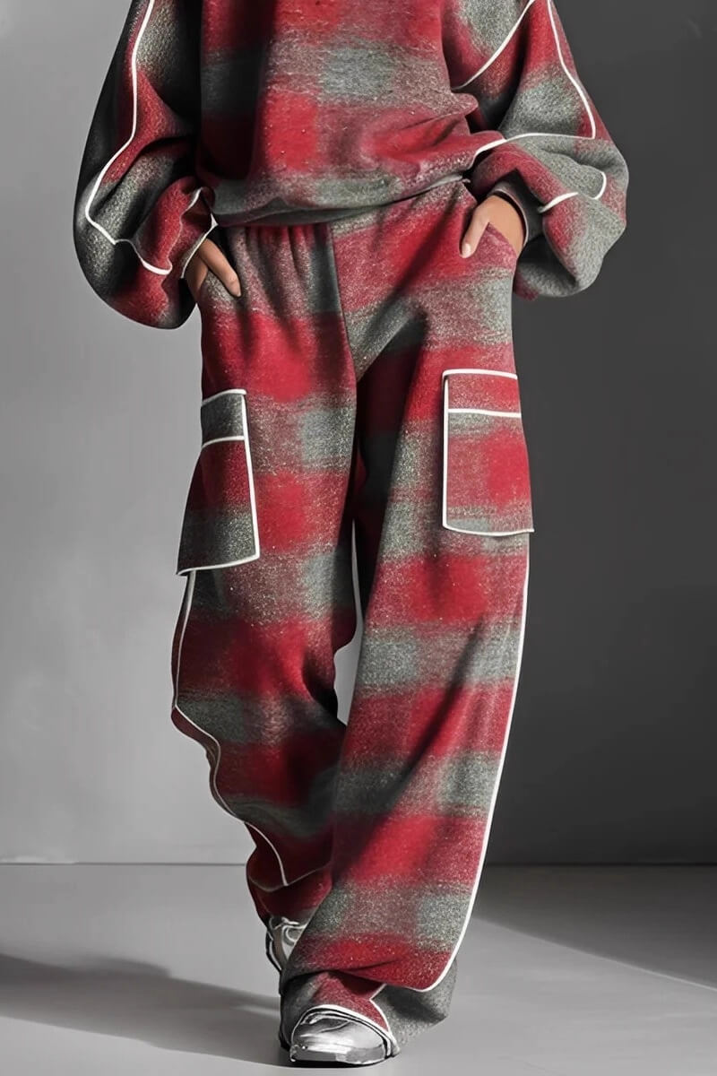 Fashion Street-Style Red And Gray Plaid Color-Block Loose Top and Wide-Leg Pants Set