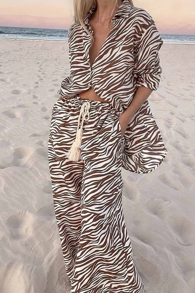 Button Open Collar Loose Zebra Print Drawstring Wide Leg Pants-Set