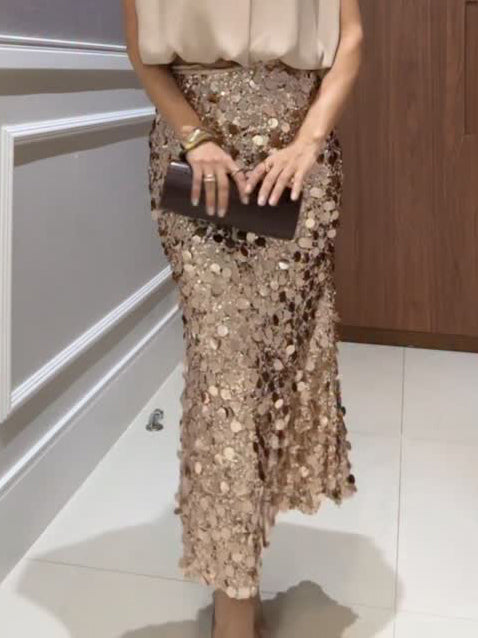 Elegant Sleeveless Blouse & Sequin Midi Skirt Two-Piece Set