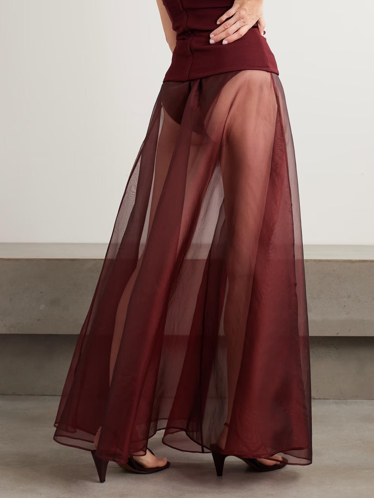 Elegant Strapless Fitted Top And Sheer Maxi Skirt Two-Piece Set