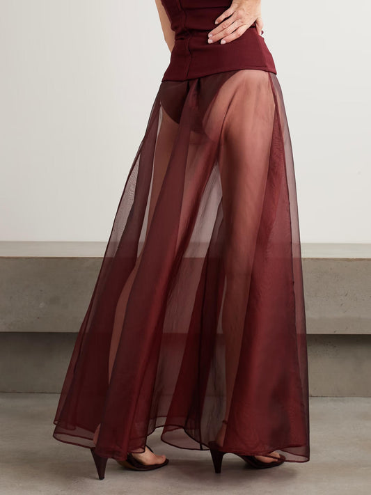 Elegant Strapless Fitted Top And Sheer Maxi Skirt Two-Piece Set