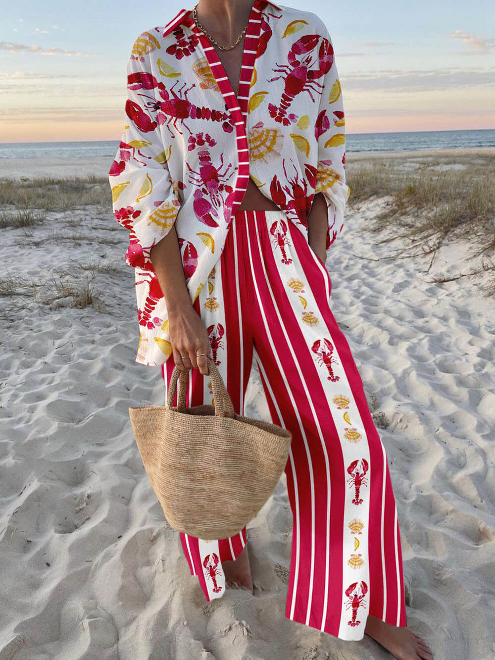 Unique Abstract Lobster Patchwork Print Two-Piece Set