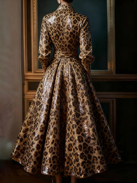 sheenchic Party Metallic Brown Leopard Stand-Up Collar Long Sleeve Pocket Casual Lace Up Sequin Maxi Dresses