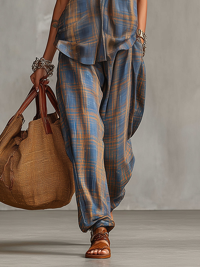 Blue And Brown Plaid Sleeveless Linen Two-Piece Set