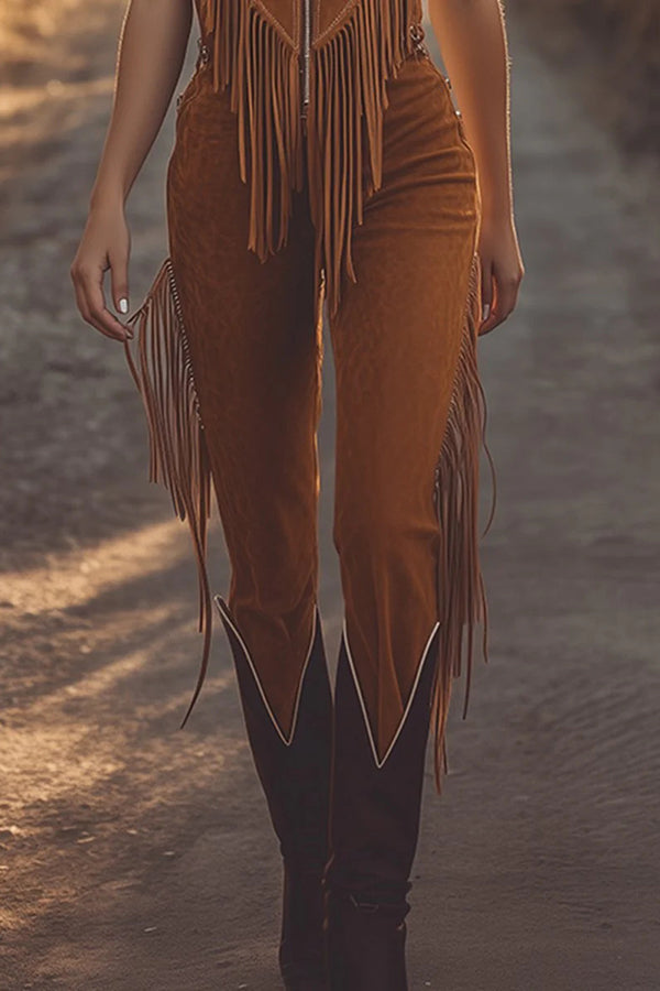 Mono informal de gamuza sin mangas con cremallera y borlas de corte entallado