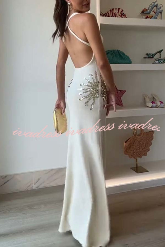 Sparkling Nights Knit Sunburst Sequin Detail Back Cross Straps Stretch Maxi Dress