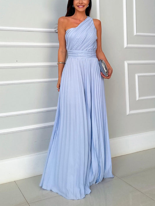 Elegant Pleated Slant Neck Waist Jumpsuit