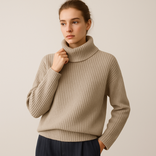 Wool Ribbed Turtleneck Sweater | Cross Collar | Relaxed Fit