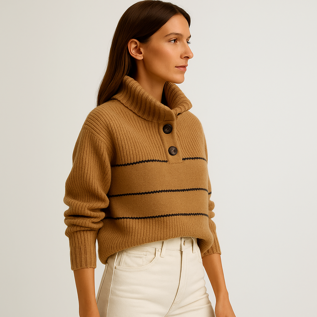 Marine Striped Button Sweater | Cream Cotton Knit | Effortless French Ease