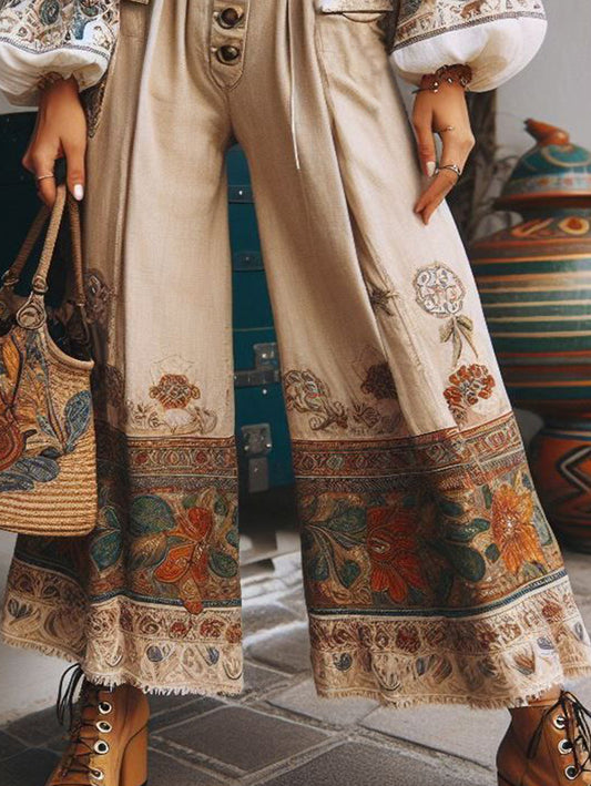 Boho Patchwork High Waist Wide Leg Pocket Pants
