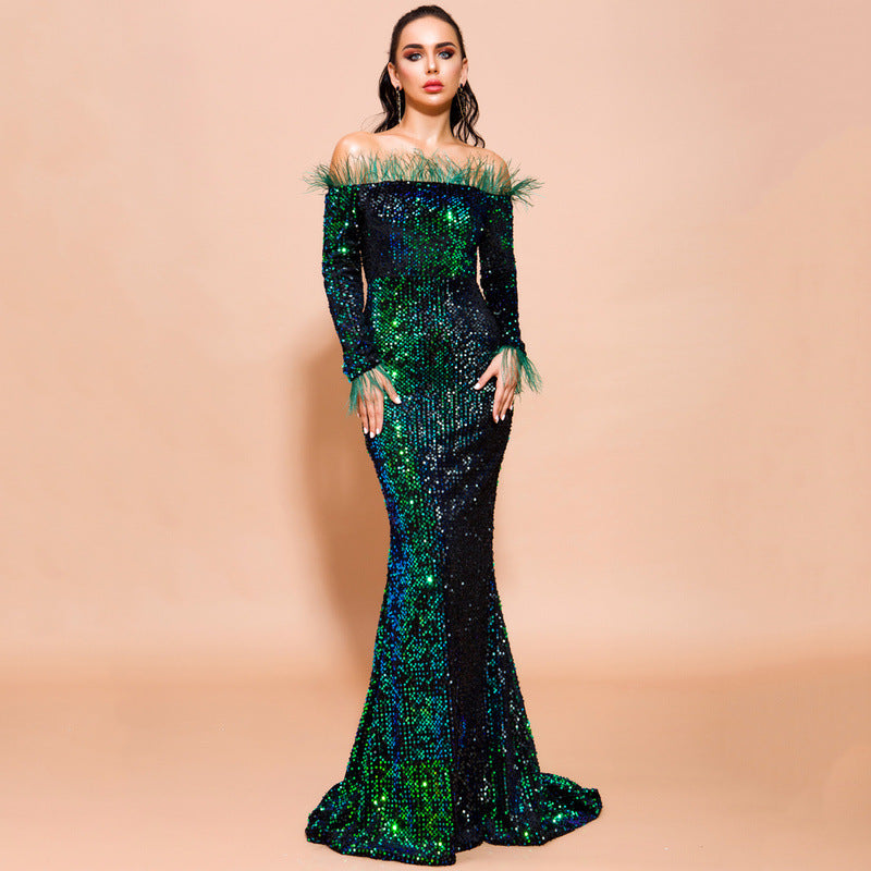 Sequined Evening off Shoulder Feather Long Sleeve Party Maxi Dress