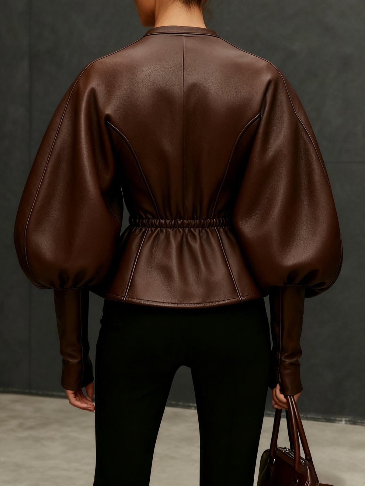 24-Hour-Shipping Brown Faux Leather Jacket With Balloon Sleeves