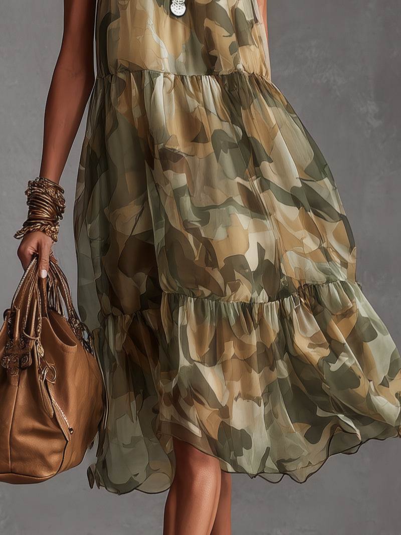 Camouflage Print Chiffon Halter Midi Dress