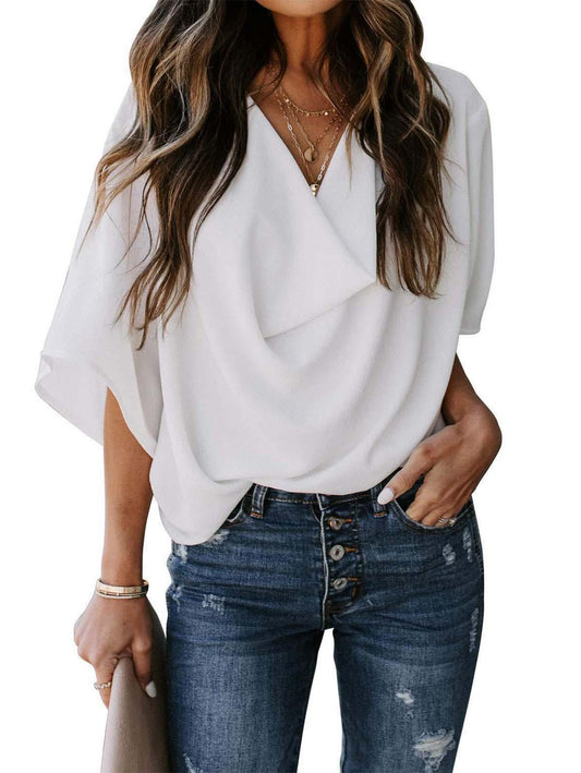 Solid Drape Neck Casual Chiffon Top