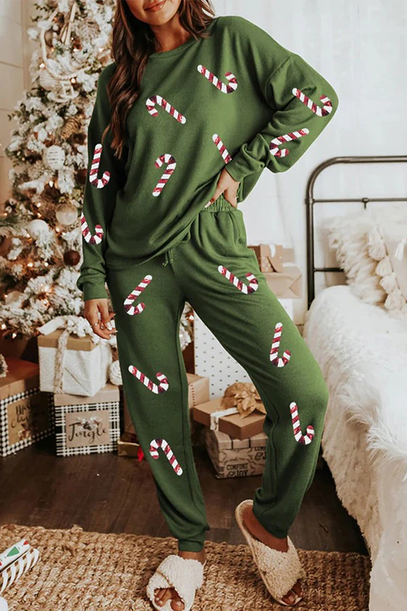 Casual Party Santa Claus Christmas Tree Candy Sequins Lace Up O Neck Long Sleeve Two Pieces