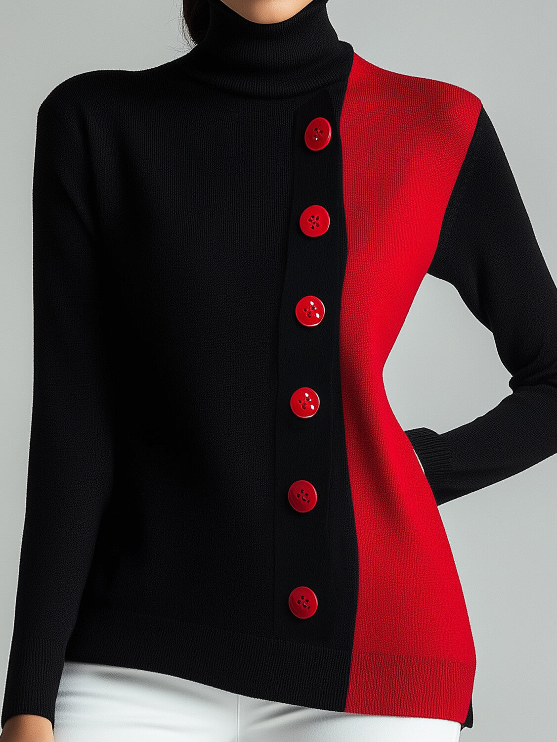 sheenchic Colorblock Button Long Sleeve Turtleneck Sweater