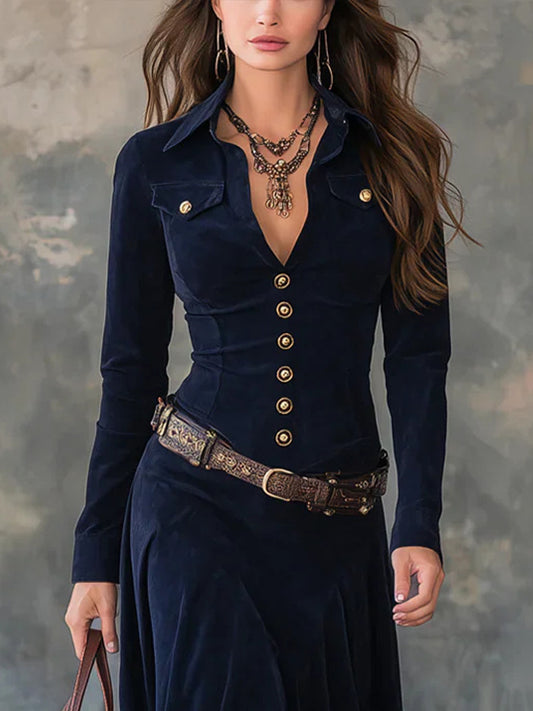 Business Casual Navy Blue Long Sleeve Button Elegant Maxi Dresses
