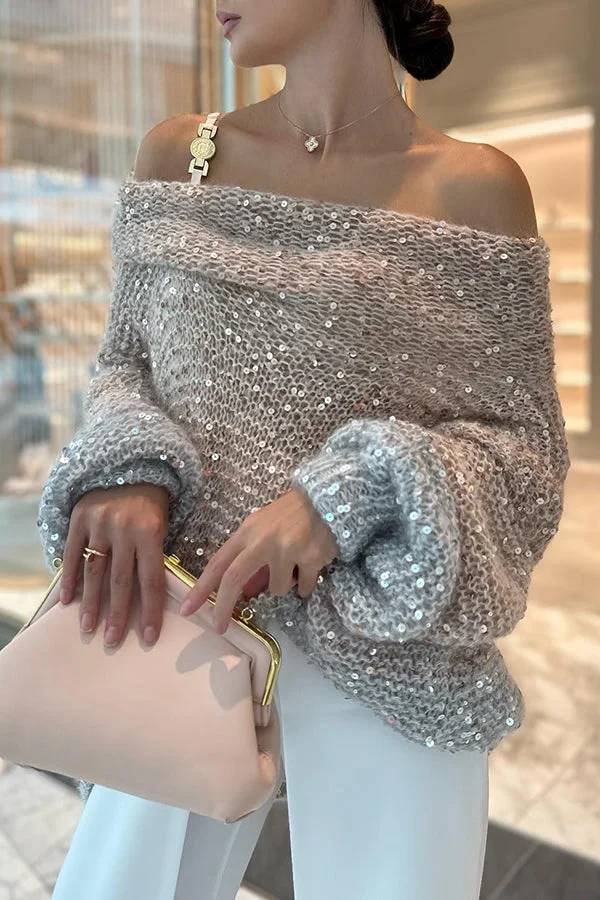 Suéter holgado con hombros descubiertos y lentejuelas de punto Make It Shine