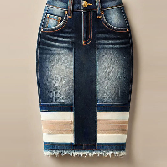 sheenchic High Rise Contrast Striped Denim Raw Edge Midi Skirt