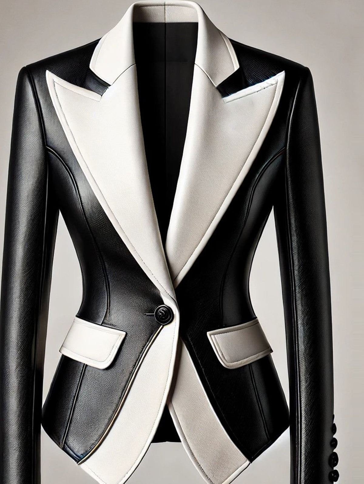 sheenchic Formal Contrast Color Peaked Lapel PU Leather Blazer