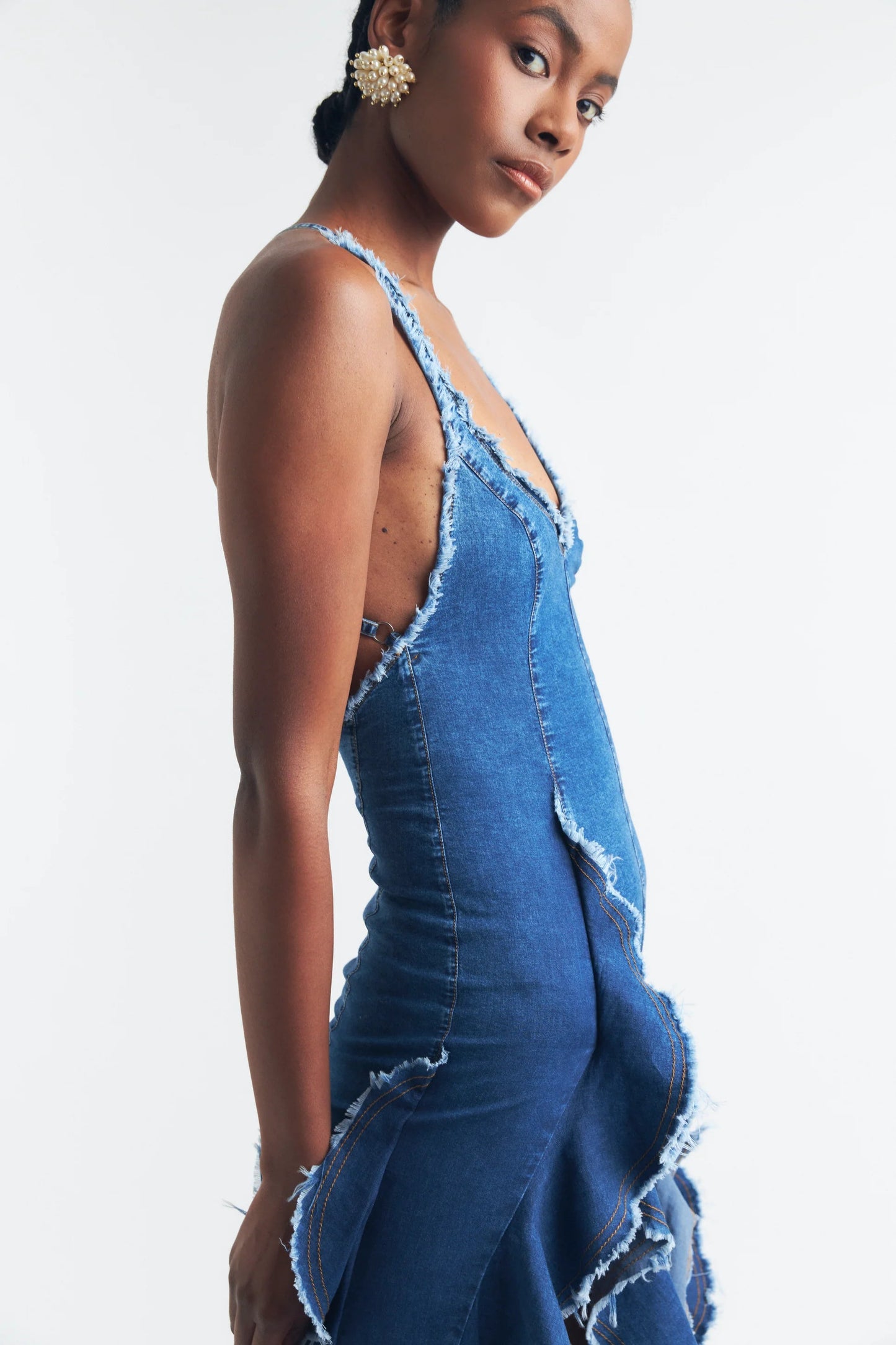 Bohemian Style Ruffled Denim Maxi Dress