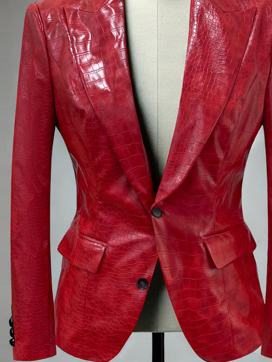 sheenchic PU Leather Crocodile Pattern Peak Lapel Two Button Blazer