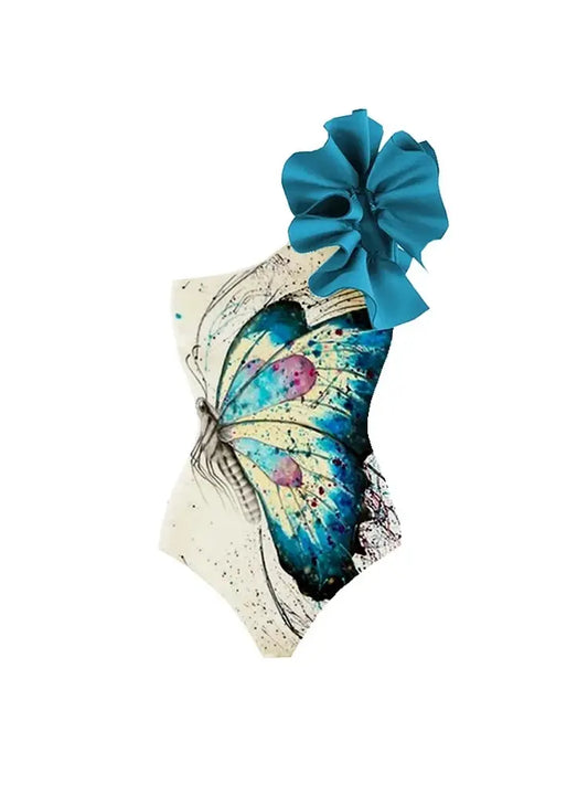 One Shoulder Butterfly Print Floral Swimsuit