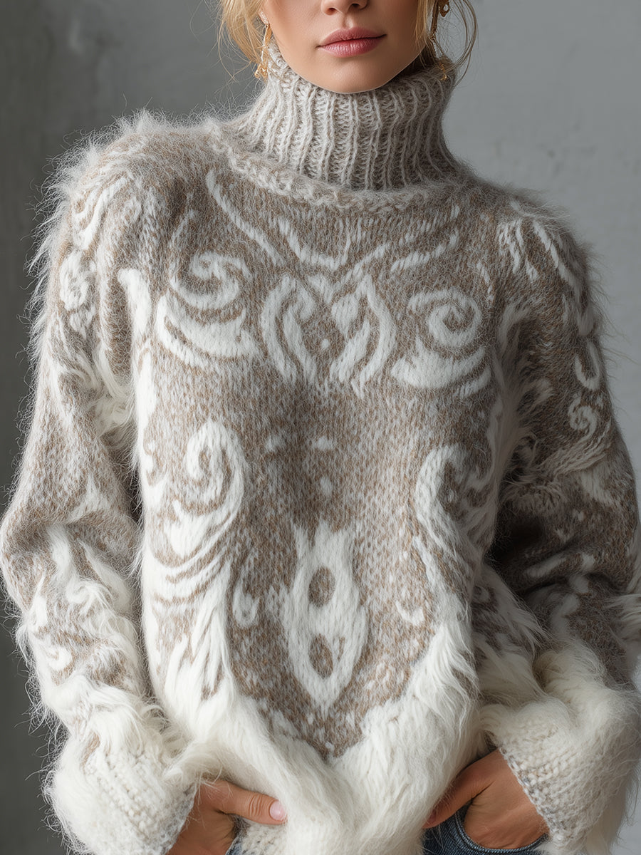 sheenchic Gray Turtleneck Long Sleeve Patterned Fuzzy Knit Sweater