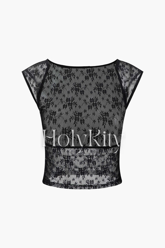 Floral Lace Backless T-shirt