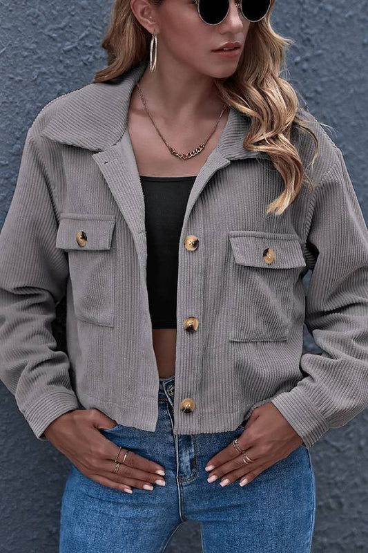Flap Pockets Turn Down Collar Corduroy Shacket