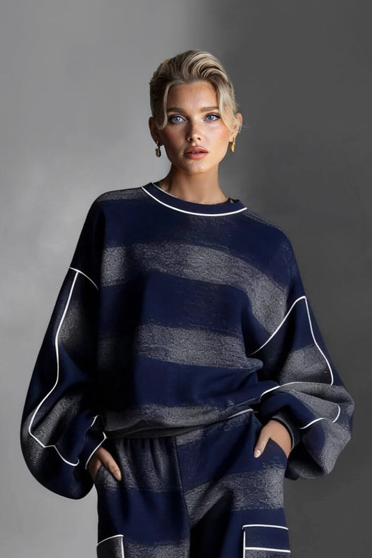 Fashion Street-Style Blue And Gray Plaid Color-Block Loose Top and Wide-Leg Pants Set