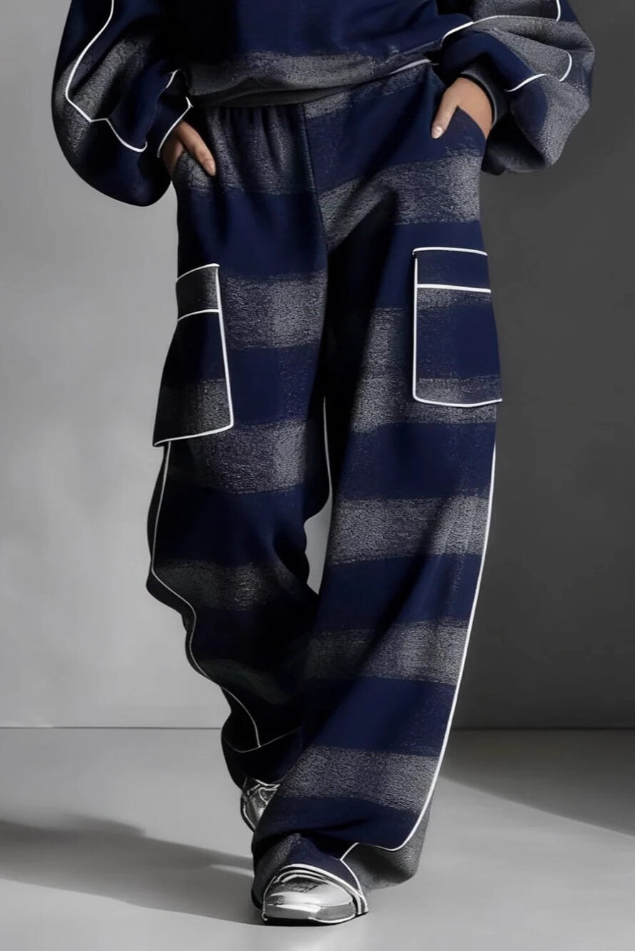 Fashion Street-Style Blue And Gray Plaid Color-Block Loose Top and Wide-Leg Pants Set