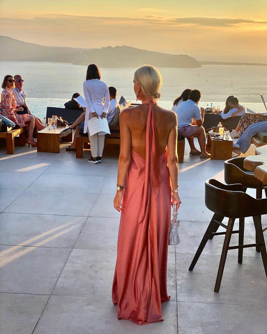 Satin Elegant Maxi long Dress: Backless Halter Neck