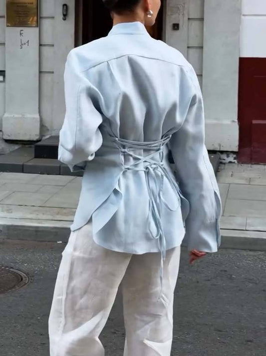 Minimalist Stand-up Collar Ribbon Back Lace-up Shirt and Wide Leg Pants Set-Shirt