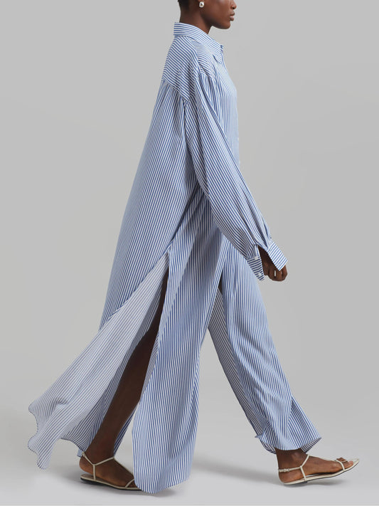 Avery Fluid Shirt Dress - White/Blue Stripe