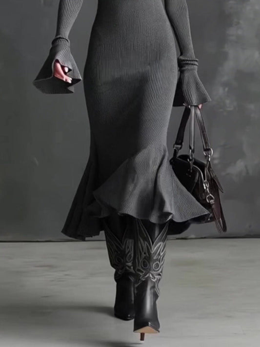 Casual Square Neck Zipper Fishtail Knit Midi Dress