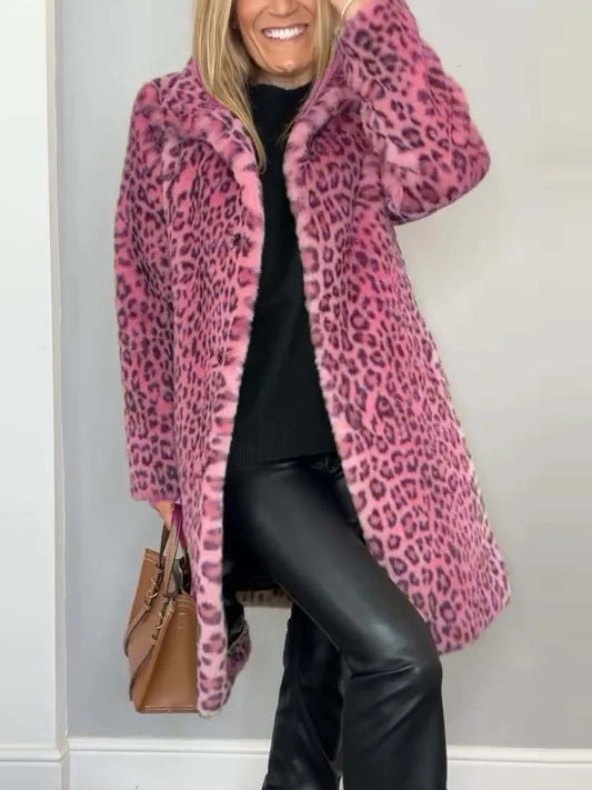 Daily Brown Leopard Turndown Collar Long Sleeve Vintage Faux Fur Coat