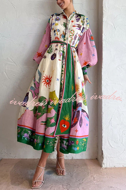 Effortless and Playful Print Balloon Sleeve Shirt Midi Dress