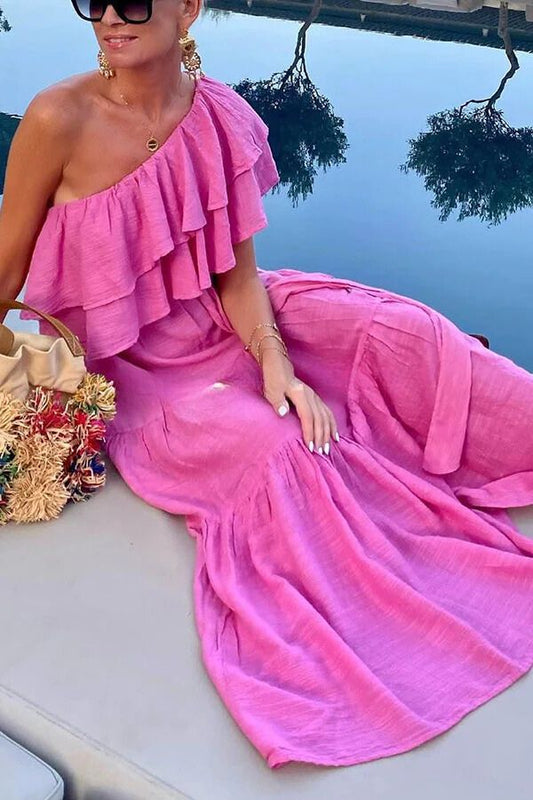 Vestido largo de mezcla de algodón con volantes y cinturón de un solo hombro