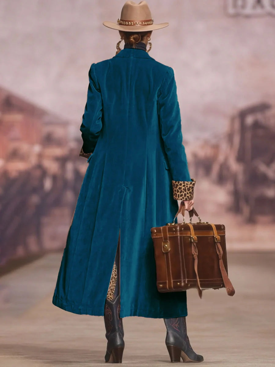 Daily Pink Leopard Turndown Collar Long Sleeve Pocket Vintage Button Velvet Coat