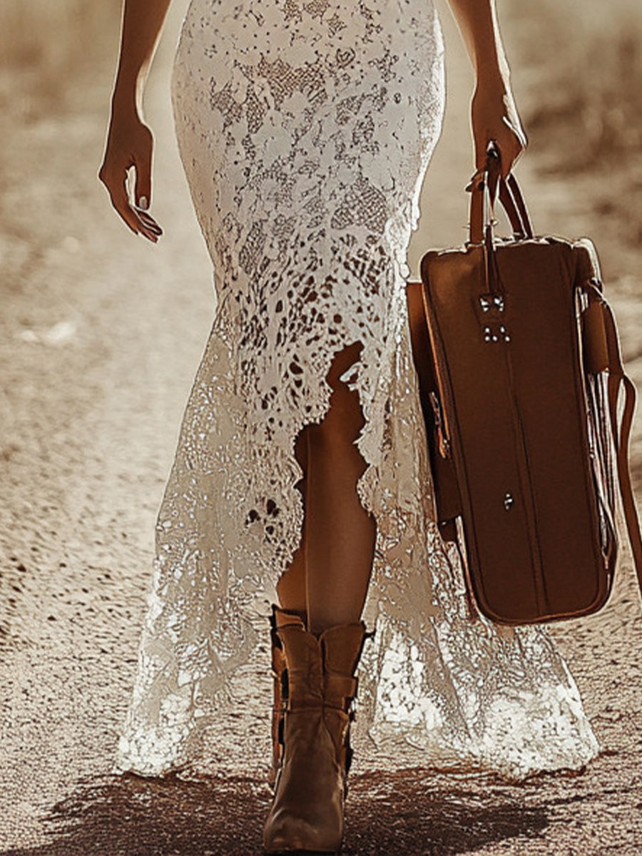 Vacation White V Neck Asymmetric Hem Boho See Through Lace Maxi Dresses