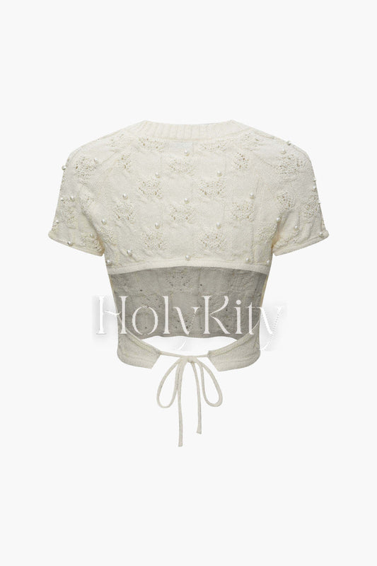 Pearl Embellished Open Knit Tie Back T-Shirt