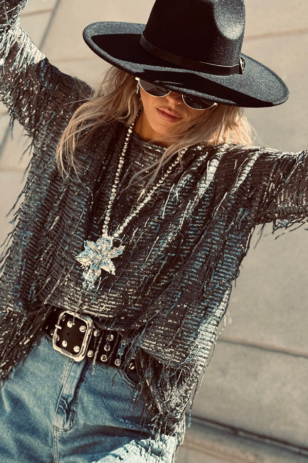 Party Crasher Sequin Tassle Fabric Long Sleeve Loose Top