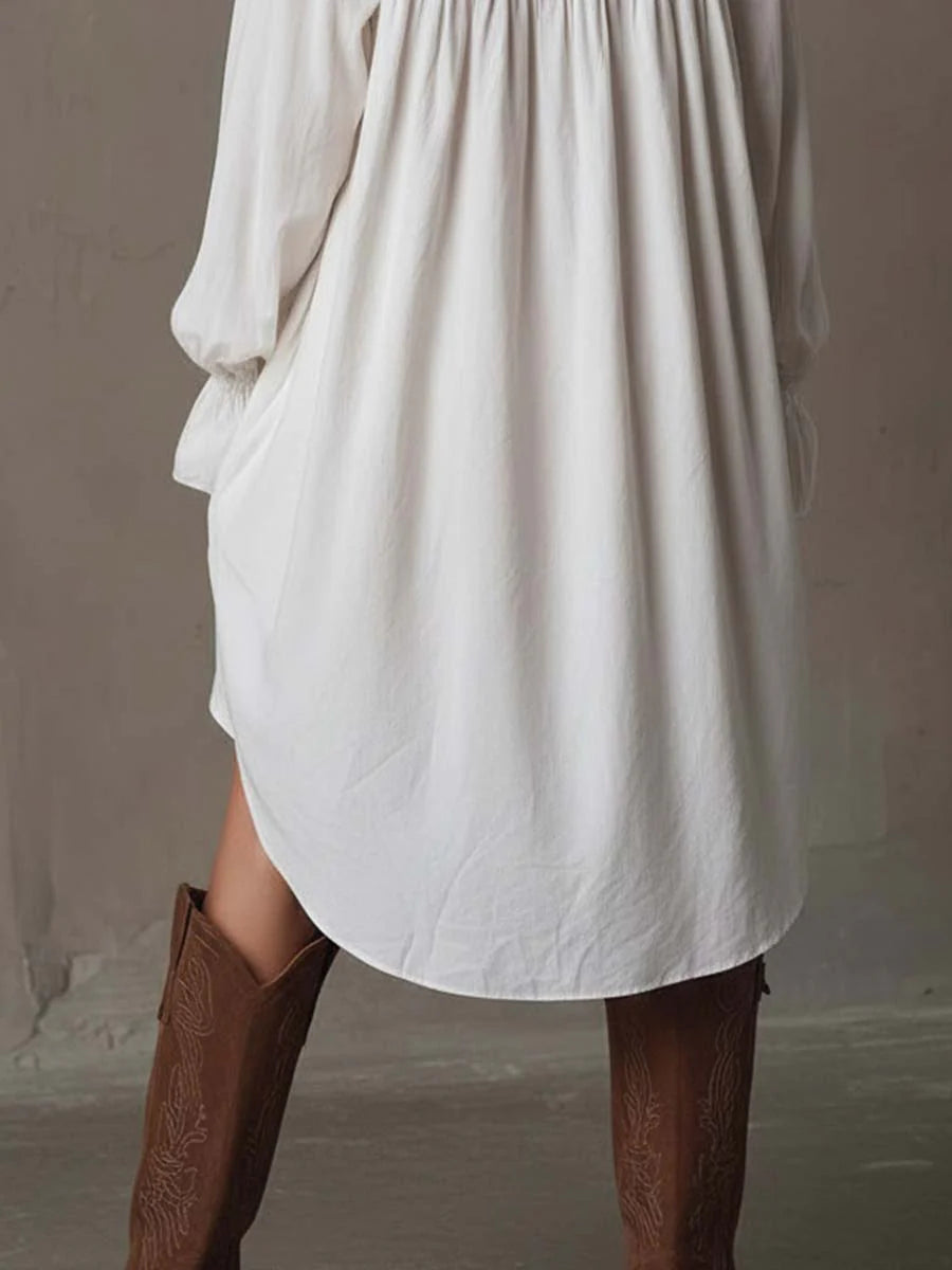 Daily White Turndown Collar Lantern Sleeve Long Sleeve Asymmetric Hem Boho Contrast Lace Mini Dresses