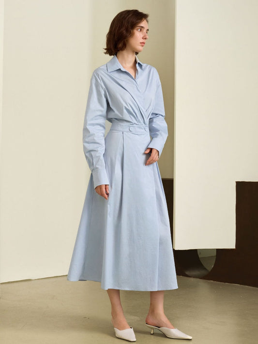 French Blue Belted Shirt Midi Dress