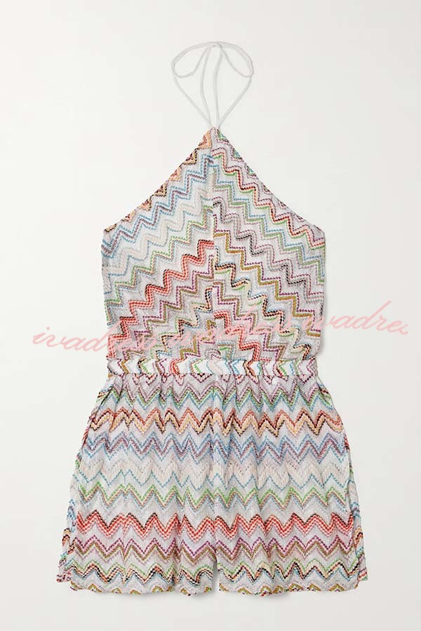 Juney Knit Colorful Zigzag Pattern Halter Neck Slit Wide Leg Loose Romper